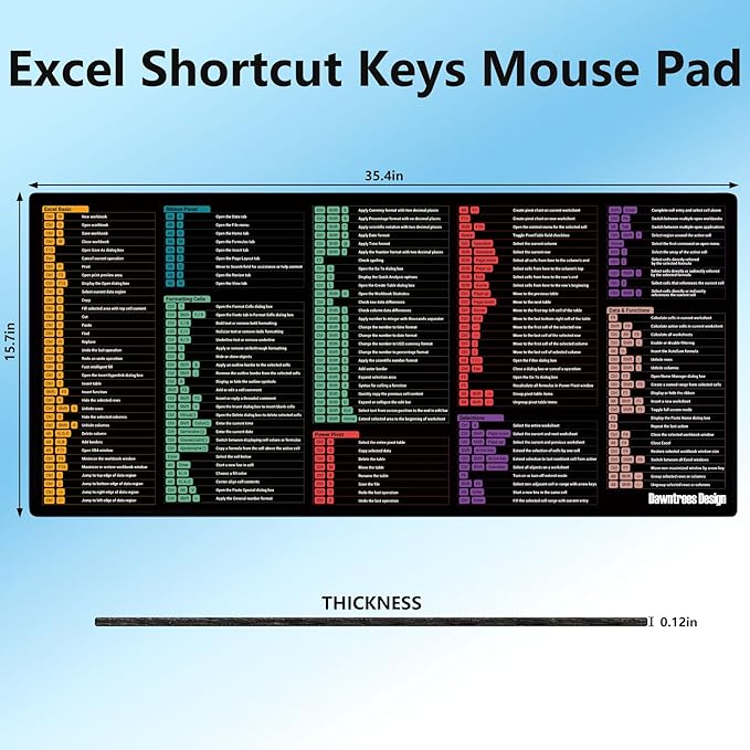 DAWNTREES Large Excel Cheat Sheet Desk Pad 35.4x15.7 Excel Mouse Pad for Windows Non-Slip Desk Mat for Office Home Gaming