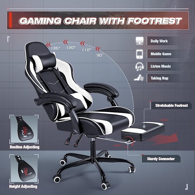 Furmax Gaming Chair Video Game Chair with Footrest and Massage Lumbar Support Swivel Seat Height Adjustable Computer Chair with Headrest Racing E-Sport Gamer Chair (White)