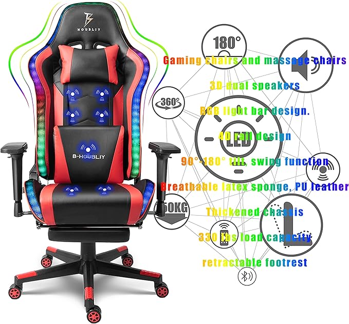 Massaging Gaming Chair with Footrest Video Gaming Chair with LED Light and Speaker Ergonomic Gaming Chair with Headrest and Lumbar Pillow Racing Gaming Chair for Adults.Red