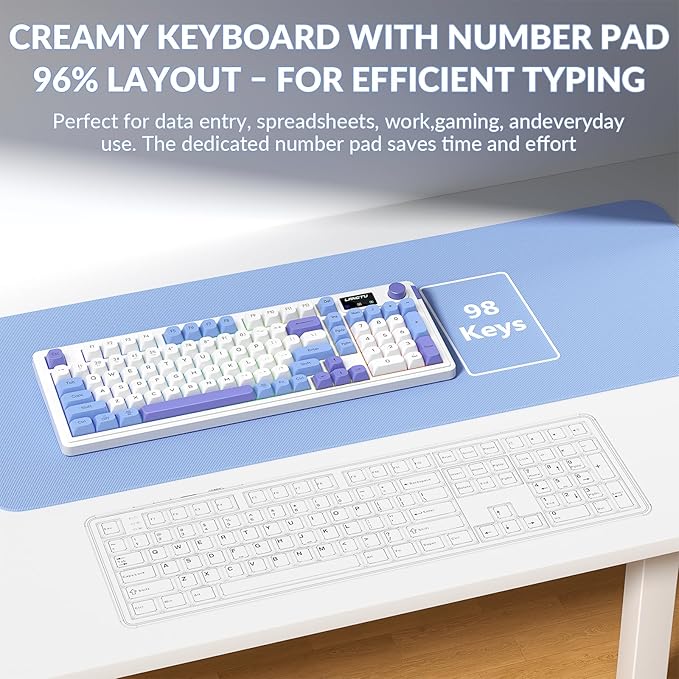 L98 Wireless Gaming Keyboard Cute Creamy Keyboard with Number Pad Tri-Mode BT5.0/2.4GHz/USB-C RGB Backlit Quiet Office Computer Keyboards for PC Laptop