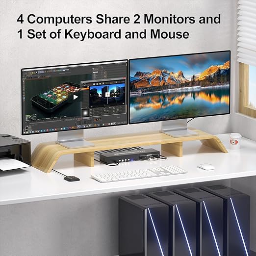 8K@60HZ 4K@120Hz HDMI KVM Switch 2 Monitors 4 Computers with 4 Port USB 3.0 Hub 4 Port Dual Monitor HDMI KVM Switch for 4 Computers Share 1 Set of Keyboard Mouse and 2 Monitors