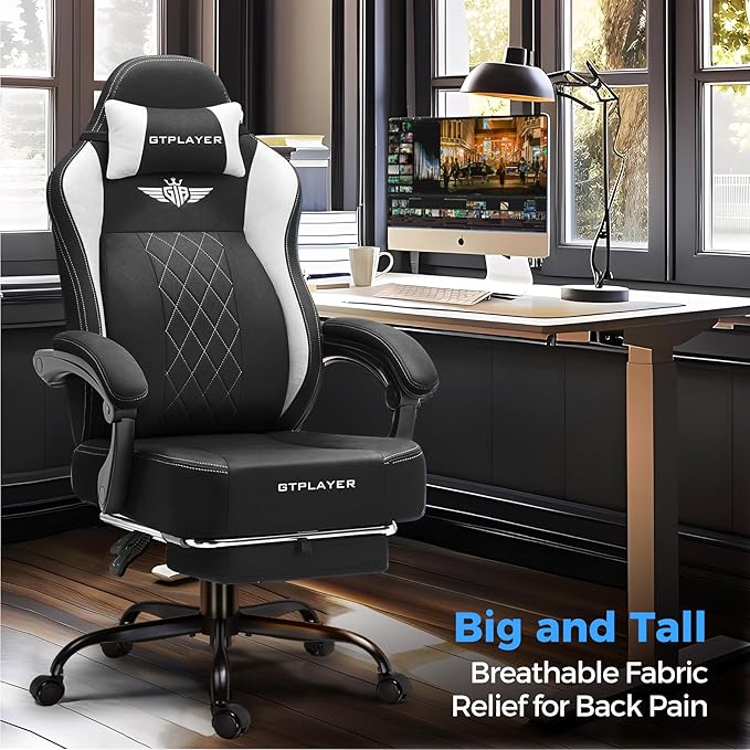 GTPLAYER Big and Tall Gaming Chair Breathable Fabric Computer Chair with Strong Lumbar Support Comfortable Office Chairs with Pocket Spring Cushion High Back Ergonomic Desk Chairs with Footrest