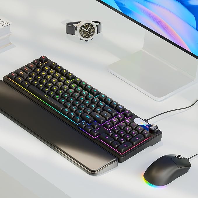 C98 Gaming Keyboard and Mouse Wired PC Gaming Keyboards with Multimedia Knob Wrist Palm&amp 3200 DPI RGB Backlit Computer Keyboard Quiet Membrane Gaming Keyboard for Windows/MAC/Laptop (Black)