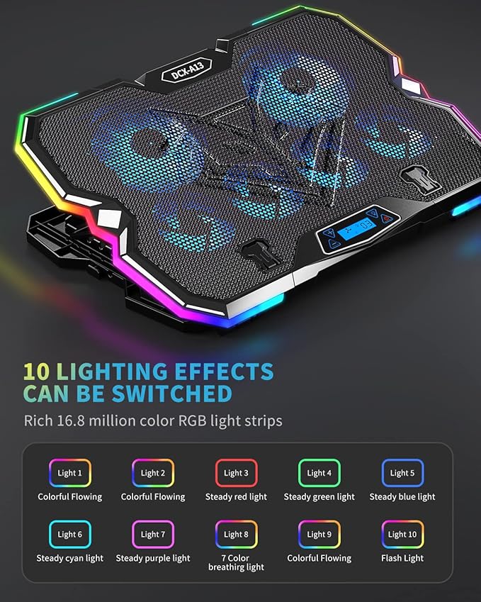 KeiBn Upgrade Laptop Cooling Pad A13RGB Lights Laptop Cooler 6 Fans for up to 15.6 Inch Laptops10 Modes Light 7 Height Stands 2 USB Ports - Blue