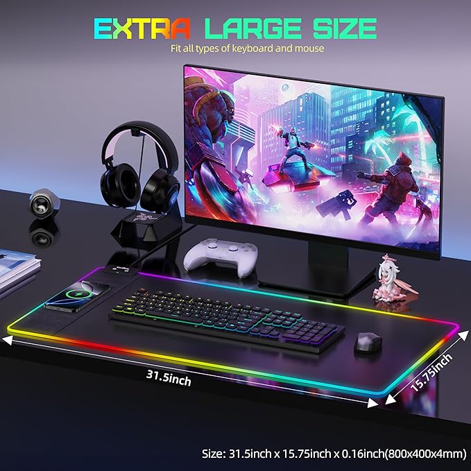Mouse Pad with Wireless Charging RGB Gaming Mousepad Large Desk Mat with Ultra-Smooth Surface Non-Slip Mouse Mat Waterproof Computer Keyboard Pad for Gaming Desk Office PC 800x400x4MM Black