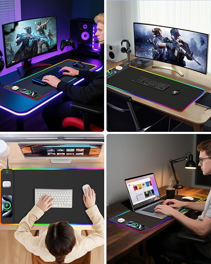 Upgraded Mouse Pad with Wireless Charging RGB Gaming Desk Mat 31.5x15.7 Large XXL Desk Pad 15 Light Modes Ultra-Smooth Surface Non-Slip Mouse Mat Waterproof Computer Keyboard Pad Black