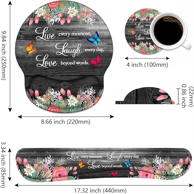 Keyboard Wrist Rest and Mouse Pad Wrist Support Set with Coasters Ergonomic Gaming Mousepad Non-Slip PU Base for Home Office Working Studying Easy Typing &amp Pain Relief Floral Quote Live Laugh Lo