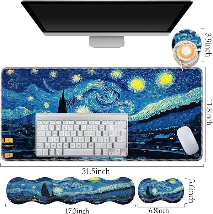 Keyboard Wrist Rest and Mouse Pad Set31.5x11.8 Inches Desk MatWaterproof Non-Slip Ergonomic Wrist Support for Pain ReliefExtended Desk Protector for Office Home GamingStarry Night Sky Art