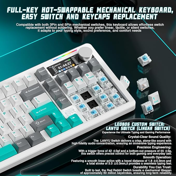 LINGBAO K98 PRO 96% Mechanical Keyboard Wireless with Screen &amp Knob Creamy Gaming Keyboard Tri-Mode BT5.0/2.4GHz/USB-C Gasket Mount Hot-Swappable Linear Switches RGB Backlit Gamer Keyboards fo