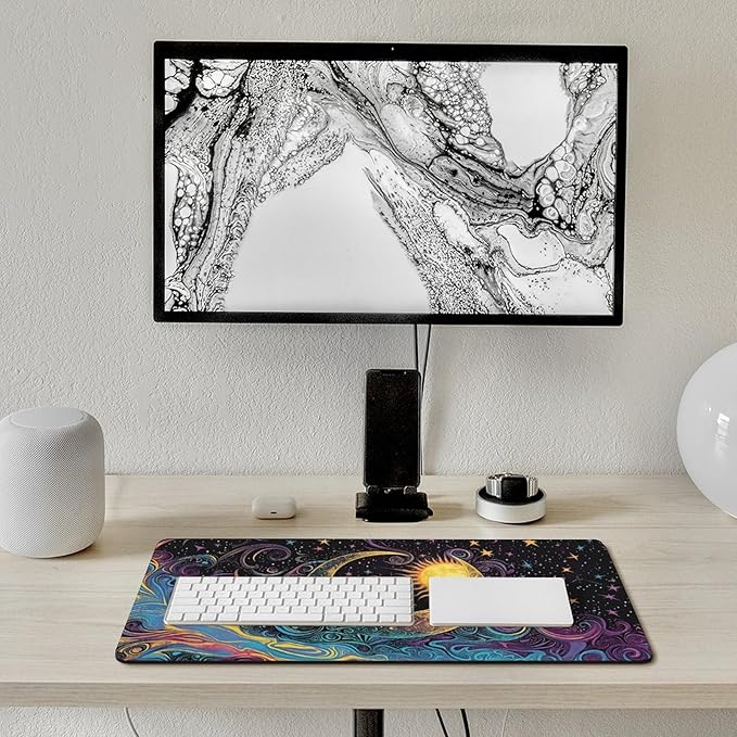 Abstract Moon and Sun Mouse Pad Large Desk Mat Extended Keyboard Mouse Pad with Non-Slip Base and Stitched Edge Mouse Mat Desk Pad 30x16 Mouse Pads for Desk Home Office Gaming