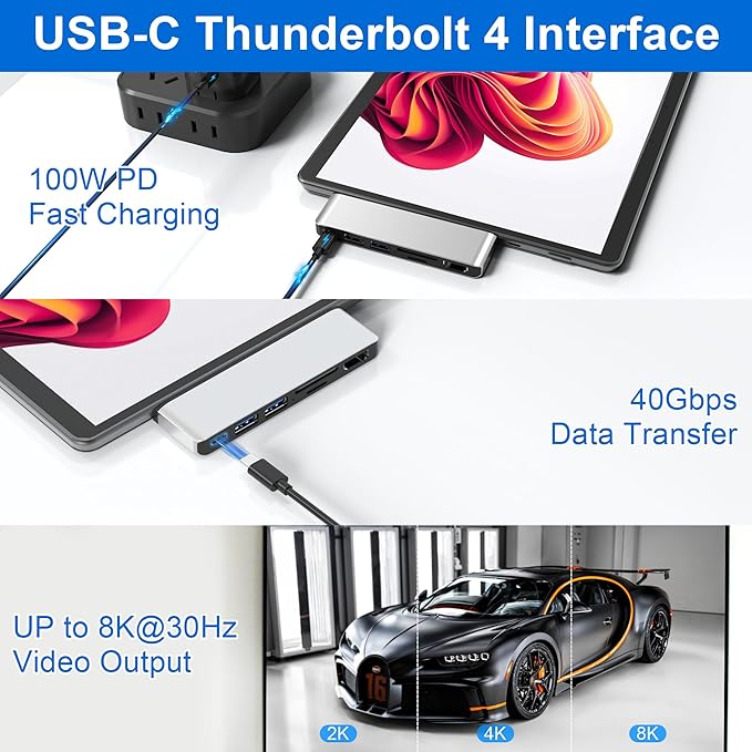 Surface Pro 9/10/11/X USB Hub Docking Station Surface pro 9 Accessories with 4K HDMI USB-C Thunerbolt 4 (Display+Data+100W Charging) 2 USB 3.0 SD/TF USB C Hub for Surface Pro 9/Pro10/Pro11/ProX