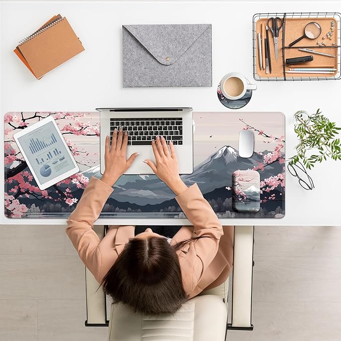 Large Mouse Pad Set Desk Mat + Elbow Rest Pad + Coaster Easy Typing Pain Relief Ergonomic Arm Rest Pad with Memory Foam Extended Desk Pad Anti-Slip Rubber Base for Home Cherry Blossom Mount Fuji