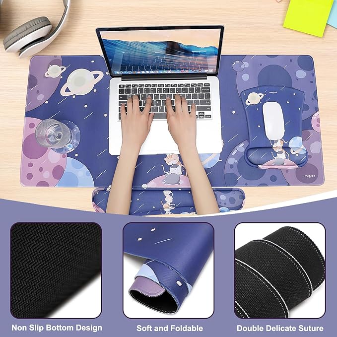 MEGREZ 4-in-1 Ergonomic Memory Foam Wrist Rest Set Desk Pad Mouse Pad with Wrist Rest Keyboard Pad Suitable for Office Workers Programmers &amp Gamers–Relieve Typing &amp Gaming Fatigue Cat Pl