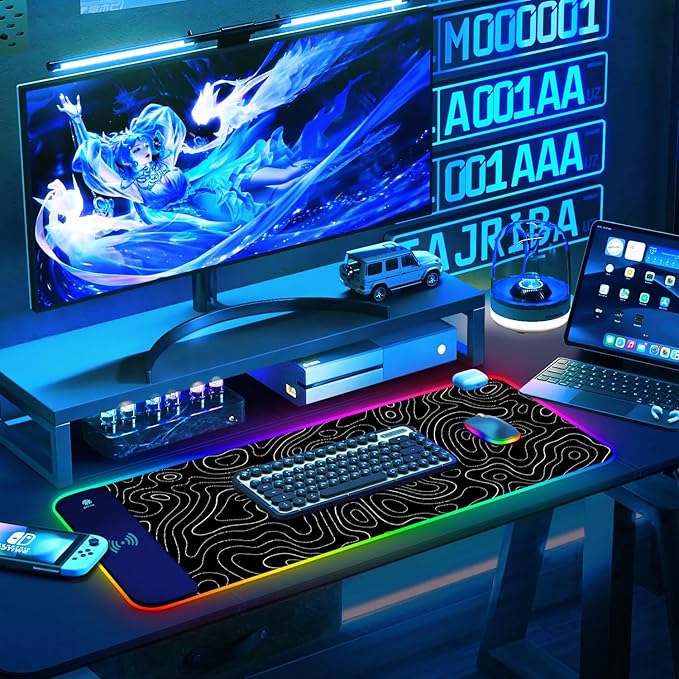 ToLuLu RGB Wireless Charging Gaming Mouse Pad 7.5/10/15W 10 Light Modes LED Mouse Pad Computer Keyboard Mat Mousepad 800x300x4MM Extended Large Desk Pad for Gamer Black and White Abstract Lines