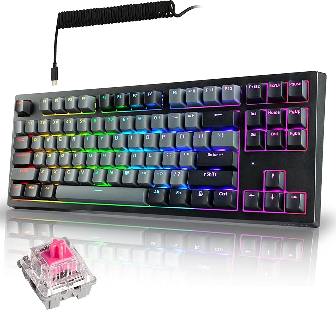 TECWARE Phantom+ Elite 87 Key RGB Mechanical Gaming Keyboard | 3 Mode Wireless Bluetooth 5.0 2.4GHz &amp USB C Wired | Hot Swappable 5 Pin | Double Shot PBT Keycaps | Wraith Pink Switch - Black