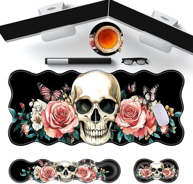 Large Gaming Mouse Pad Keyboard Wrist Rest Pad &amp Wrist Support Mousepad Set Stitched Edge Extended Non-Slip Base Memory Foam Desk Mat for Office HomeFloral Skull