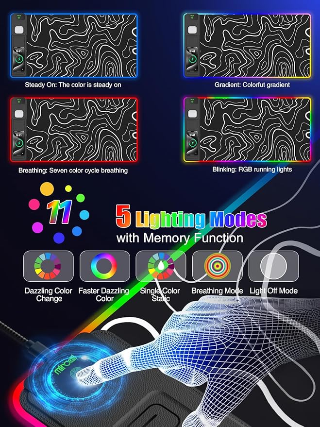Mouse Pad with Foldable Phone Holder &amp Wireless Charger XXL RGB Gaming Mousepad 31.5x15.8 Large Desk Mat for Keyboard Black Desk Pad with Dual Qi Charging Station | 11 Colors 5 Modes | Waterpr