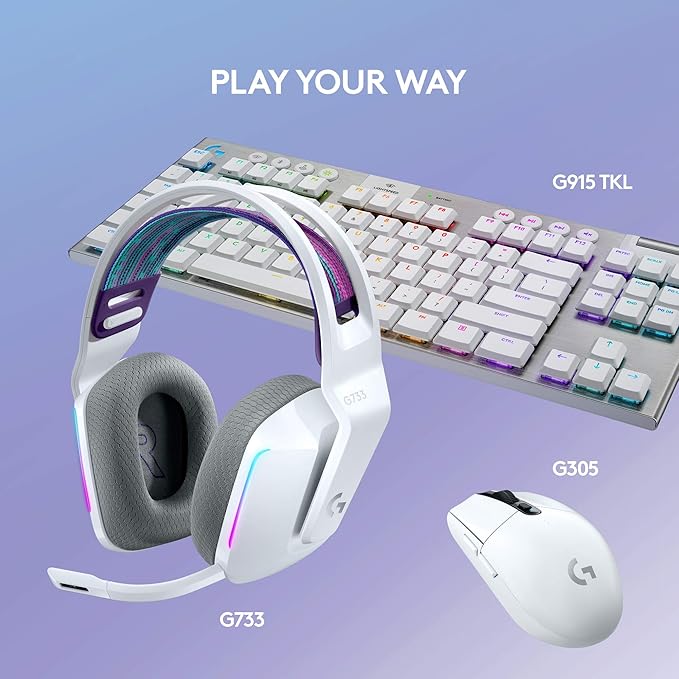Logitech G733 Lightspeed Wireless Gaming Headset with Suspension Headband LIGHTSYNC RGB Blue VO!CE mic Technology and PRO-G Audio Drivers - White