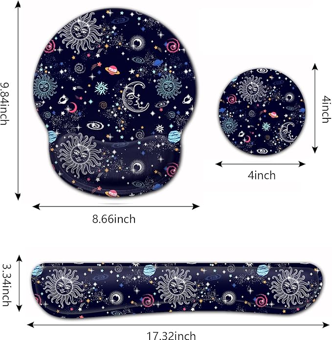 Ergonomic Mouse Pad Gel Wrist Support and Memory Foam Keyboard Wrist Rest Set for Gaming Computer Office Laptop Easy Typing Wireless Mouse MatGalaxy Constellation Sun Moon Cosmic Office Desk Pad