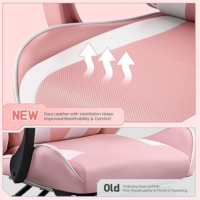 Yaheetech Gaming Chair Video Game Chair with Massage Lumbar Support and Footrest Height Adjustable Ergonomic Computer Chair with Swivel Seat and Headrest Pink/White