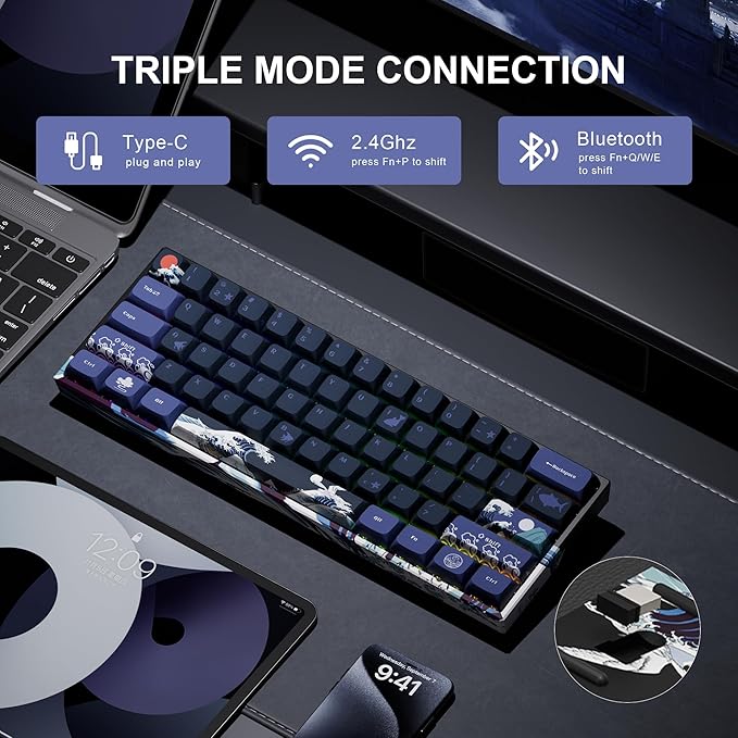 XVX 60% Gaming Keyboard RGB 3-Modes Wireless Mechanical Keyboard Mini 60 Percent Gamer Keyboard with Hot-Swappable Pre-lubed Linear Switch for Windows &amp Mac (Great Wave Off Kanagawa) M61 Pro