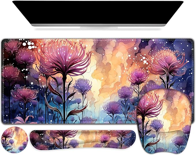 4 in 1 Large Mouse Pad Keyboard Wrist Rest Set Ergonomic Mouse Pad with Wrist Support Desk Mat with Stitched Edges Extended Desk Pad Waterproof Desk Mat for Home Office I Blossom Purple Flower
