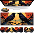 Large Gaming Mouse Pad Keyboard Wrist Rest Pad + Mouse Wrist Pad + Coaster 4 in 1 Set Extended Waterproof Non-Slip Desk Mat Suitable for Office Home Learning Games Branch Crow