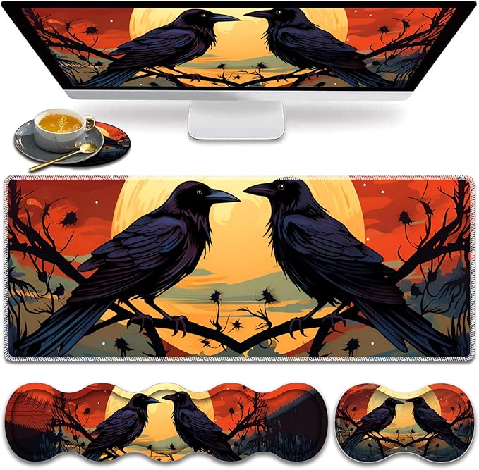 Large Gaming Mouse Pad Keyboard Wrist Rest Pad + Mouse Wrist Pad + Coaster 4 in 1 Set Extended Waterproof Non-Slip Desk Mat Suitable for Office Home Learning Games Branch Crow