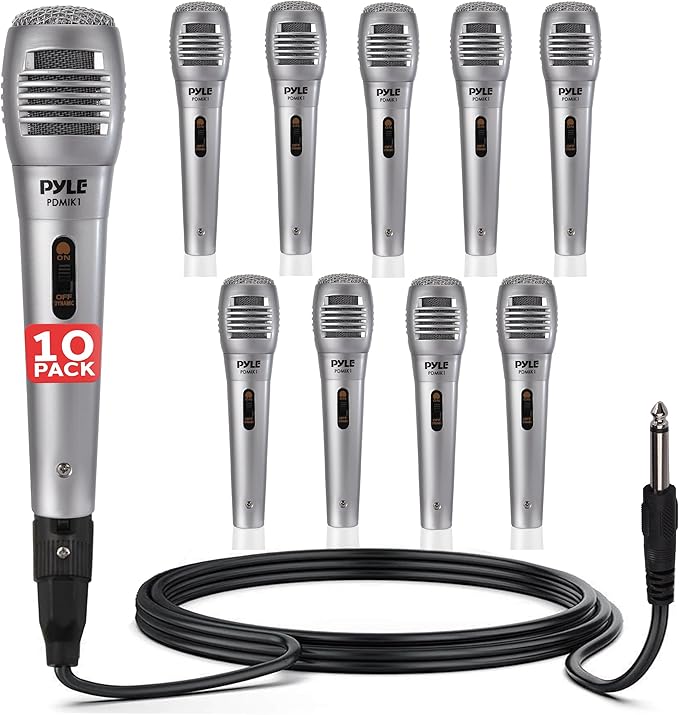 Pyle Professional Dynamic Microphone - 10-Pack Unidirectional Handheld Mic with Built-in Pop Filter High Signal Output 6.5 ft. XLR Audio Cable Ideal for Stage Karaoke &amp Studio Performances
