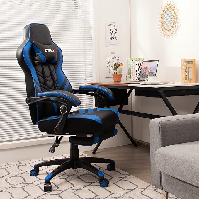 GYMAX Gaming Chair Ergonomic Computer Chair with Footrest Linkage Armrests &amp Lumbar Cushion Big Wide High Back Video Gaming Chair Reclining Office Rolling Chair for Adult/Teens (Blue)