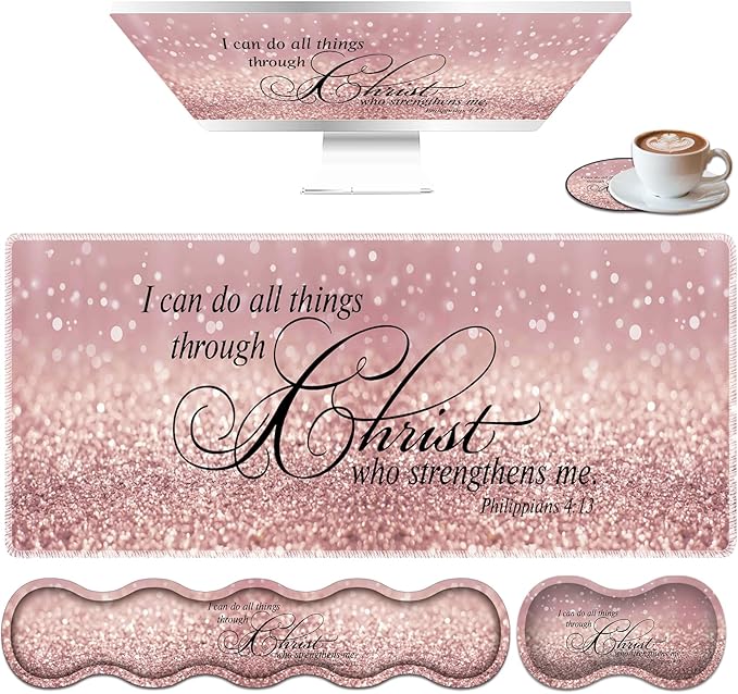 Large Mouse Pad Set Desktop Mouse Pad + Keyboard Wrist Pad + Mouse Wrist Pad + Coaster Ergonomic Memory Foam Multi-Functional Desk Mat - Bible Verse Pink Glitter Phil 4-13