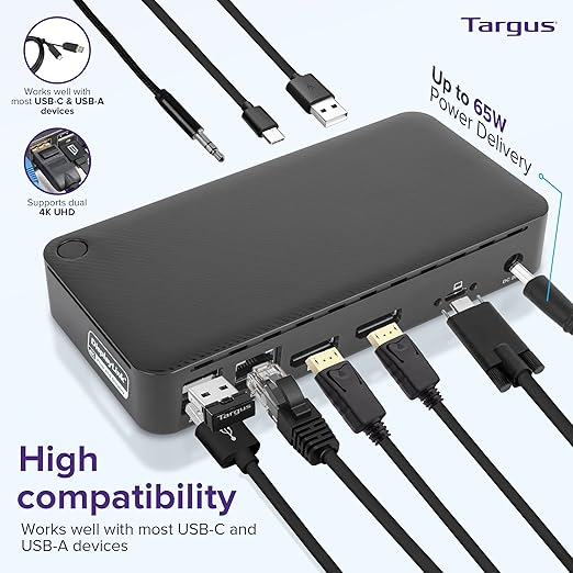 Targus Dual Monitor Universal USB-C DV4K DP Docking Station with 65W Power - Broad Compatibility with a Range of Hosts Devices Peripherals Laptops and Operating Systems (DOCK315USZ)
