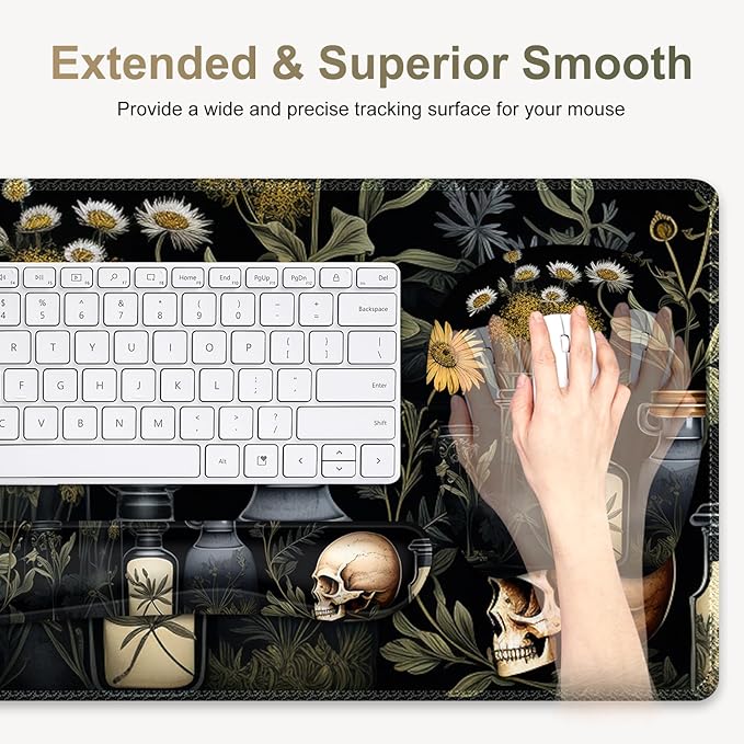 Large Mouse Pad with Wrist Support 4 in1 Set XXL Big Game Mousepad + Keyboard Wrist Rest+Mouse Wrist Rest+Coaster Gaming Mat for Home Office Computer I Black Academia Mystical Green Plant