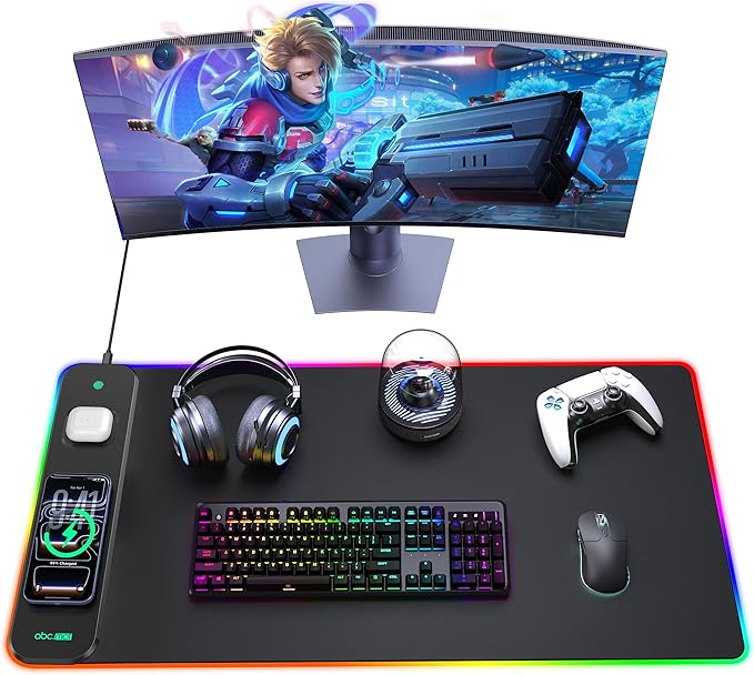3-in-1 RGB Gaming Mouse Pad with Magnetic Wireless Charging 31.5x15.8 Large 24 Light Effects Non-Slip Base Waterproof Ultra-Smooth Surface with Adapter