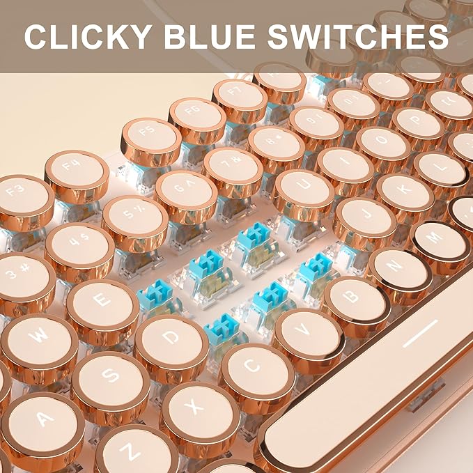 MageGee Typewriter Mechanical Gaming Keyboard Retro Punk Creamy Round Keycaps 104 Keys LED White Backlit Wired Keyboards for Laptop MAC PC Gamer with Magnetic Wrist Rest Blue Switch