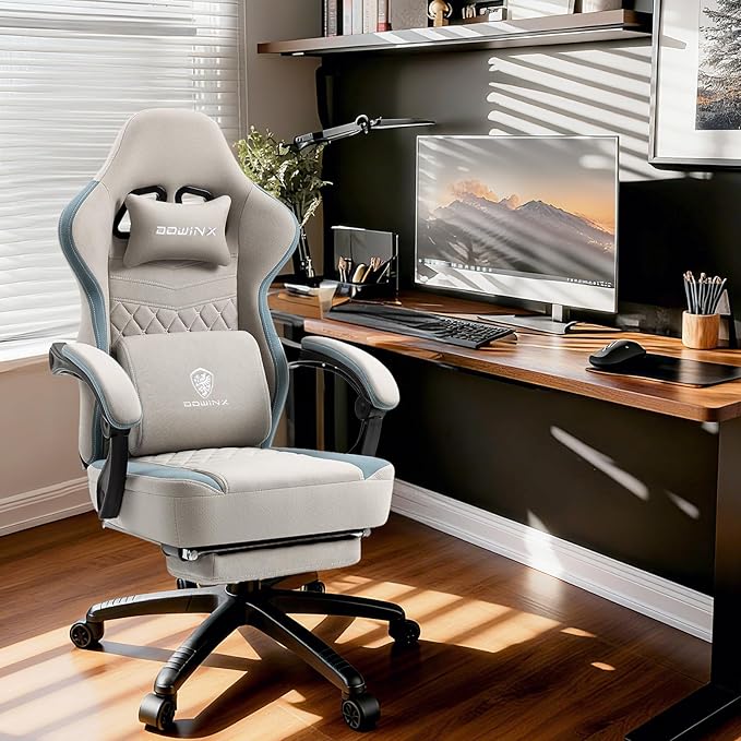 Dowinx Gaming Chair Breathable Fabric Game Chair with Gel Pad and Storage Bag Comfortable Gamer Chair with Pocket Spring CushionErgonomic Computer Chair with FootrestGrey