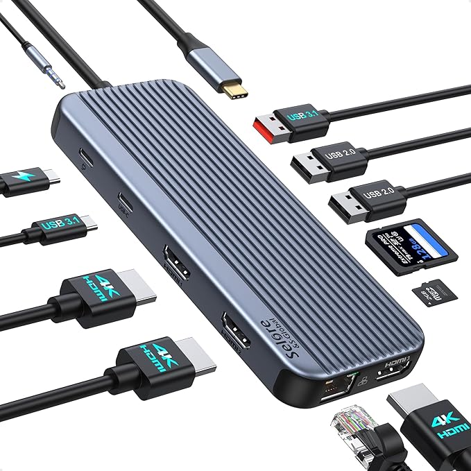 USB C Docking Station 3 HDMI Selore 12 in 1 Laptop Docking Station 3 Monitors with Triple HDMI10Gbps USB A/C 3.1USB 2.0100W PD Charging Gigabit Ethernet Audio MicSD/Micro SD Card Slot