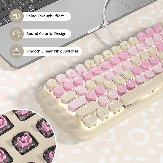 Milky Creamy Mechanical Gaming Keyboard Aesthetic Keyboard w/White Backlit 84 Keys Cute Retro Typewriter Computer Keyboard Wired w/Pink Switch Round Keycap for Windows/PC/PS5 (Milk Tea)