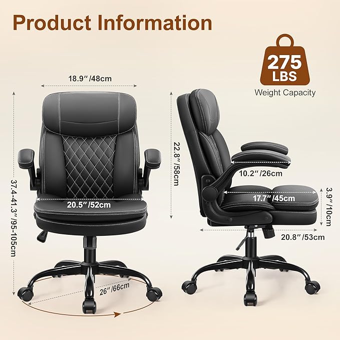Leather Office Chair Upgraded PU Computer Desk Chairs with Double-Layer Seat Cushion and Neckrest 360°Swivel Ergonomic Small Gaming Chair with Wheels and Adjustable Armrests for Short People Black