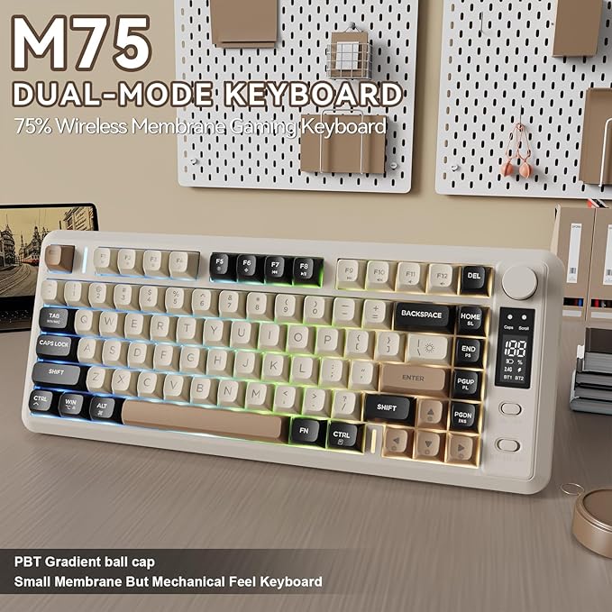 ZIYOU LANG M75 Wireless Gaming Keyboard RGB Backlit Rechargeable 2000mAh Battery Small Membrane But Mechanical Feel Keyboard with Smart Display &amp Knob PBT Gradient keycaps for PC MAC - Cheese