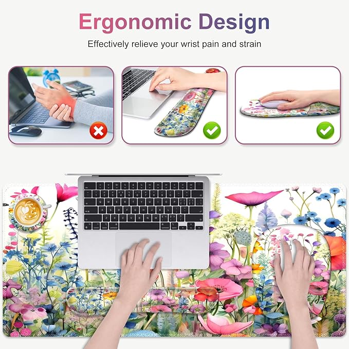 Large Mouse Pad with Wrist Support 4in1 Set XXL Game Mousepad +Keyboard Wrist Rest+Mouse Wrist Rest+Coaster Ergonomic Design Gaming Mat for Home Office Table Computer I Gorgeous Rose Plants