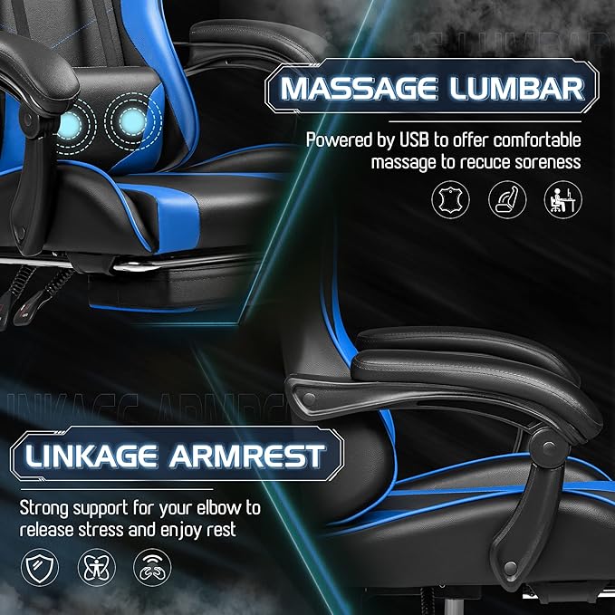 Homall Gaming Chair Video Game Chair with Footrest and Massage Lumbar Support Ergonomic Computer Chair Height Adjustable with Swivel Seat and Headrest (Blue)