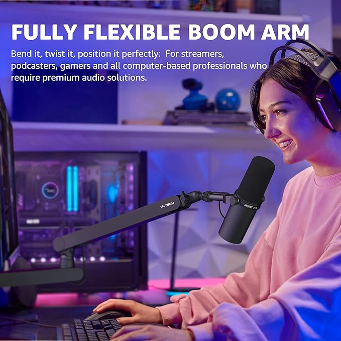 IXTECH Mic Arm Desk Mount Low Profile 360° Swivel Mic Boom Arm Adjustable Microphone Arm with Detachable Rise Column and Built-In Cable Management for Streaming and Recording.