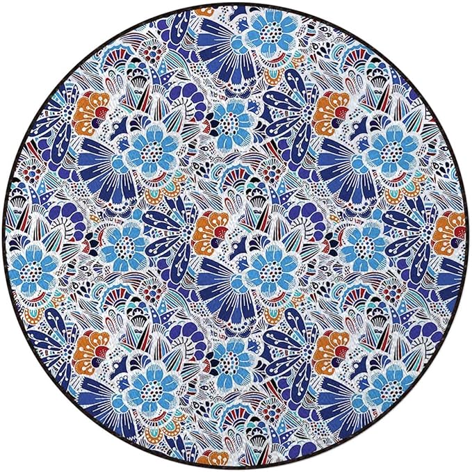 Multicolor Round Rug Rugs Soft Non-Slip Circular Throw Rug Carpet for Shower Sink Powder Room Nursery Bedroom Table Colorful Shapes Floral Flower Art Diameter 51 in