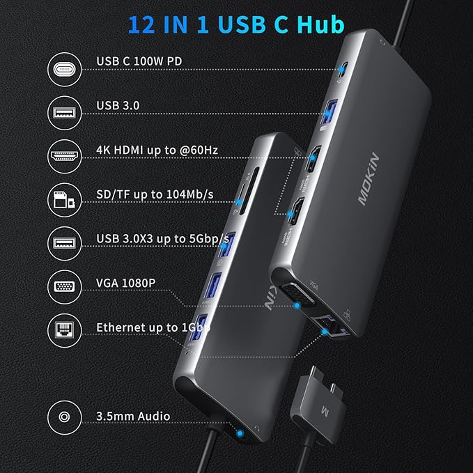 MacBook Pro Docking Station Dual Monitor HDMI Adapter12 in 1 USB C Adapters for MacBook Pro Air Mac HDMI Dock Dongle Dual USB C to DualHDMI VGA Ethernet AUX 4USB SD/TF100W PD
