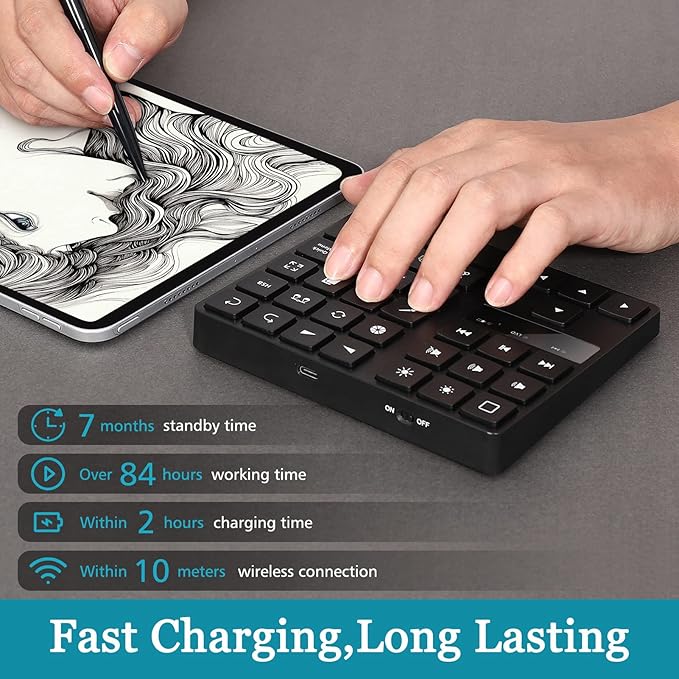 Bluetooth Keypad for 35 Keys One Handed Shortcut Drawing Keyboard Ergonomic Rechargeable Drawing Shortcuts