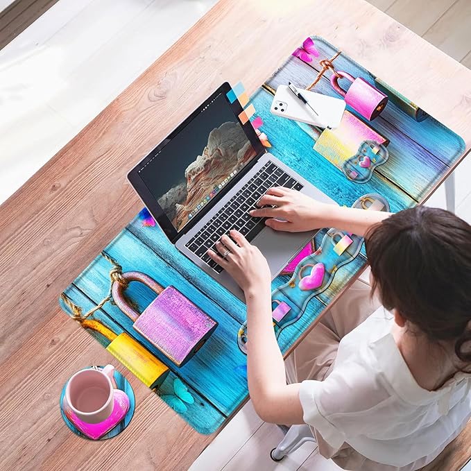 Mouse PadLarge Desk Mat Set 4in1 XL Mousepad + Keyboard Wrist Rest+Mouse Wrist Rest+Coaster with Ergonomic Desk Pad for Home Office Table Computer Cover -Heart Lock and Butterflies
