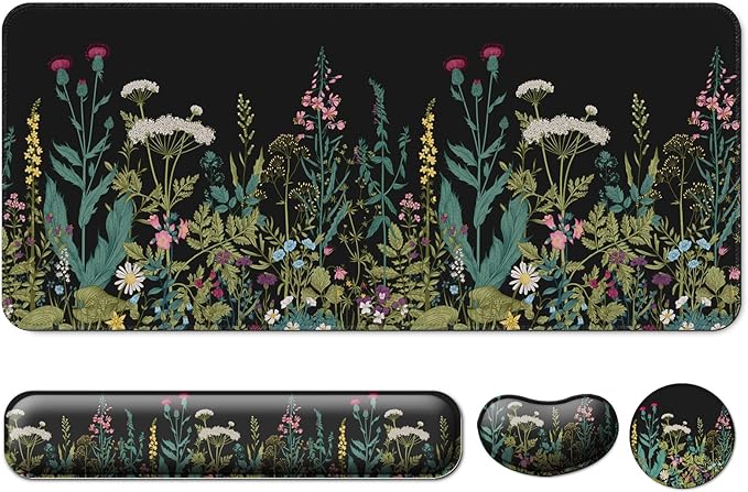 Keyboard Wrist Rest + Mouse Pad with Wrist Support + Desk Mat + Coaster 4 in 1 Set XXL Large Gaming Mousepad Cute Ergonomic Mouse Pads for Desk Computer Laptop Office Decor-Little Flowers