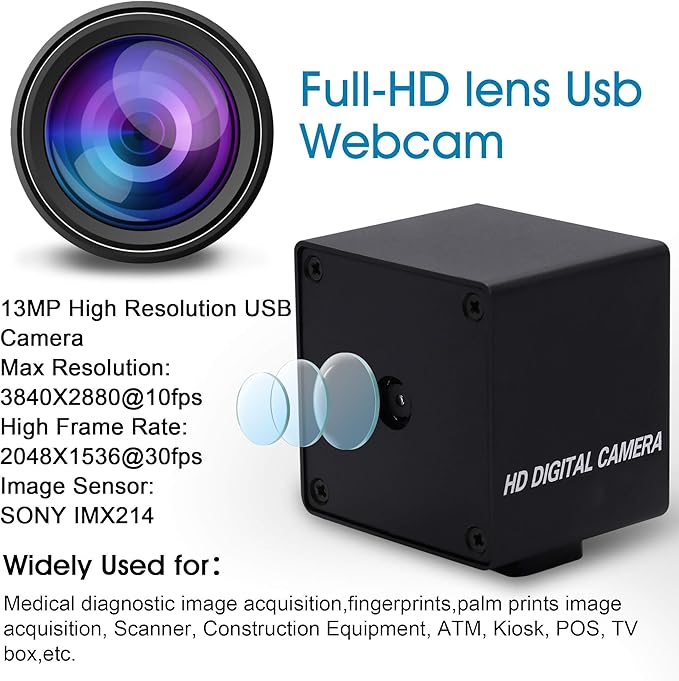 13mp USB Camera with Microphone Autofocus Audio Video Webcam for Computer Mini UVC USB2.0 PC Camera with Metal Case Industrial Embedded USB with Camera IMX214 Web Camera for Laptop Jetson Nano