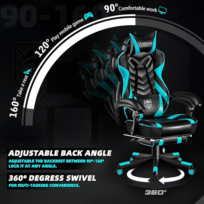 Vonesse Gaming Chair Big and Tall Gaming Chair with Footrest and Massage Gaming Chairs for Adults with Lumbar Support Ergonomic High Back Computer Chair with Pocket Spring Cushion (Cyan/Black)
